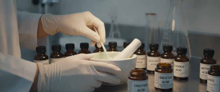 Gloved hands preparing a custom exfoliation blend in a ceramic mortar and pestle alongside labelled skincare ingredients