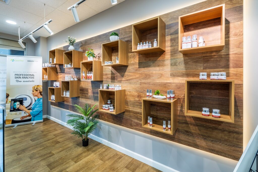 Timber display wall inside the CarePlus Compounding Pharmacy in Narellan