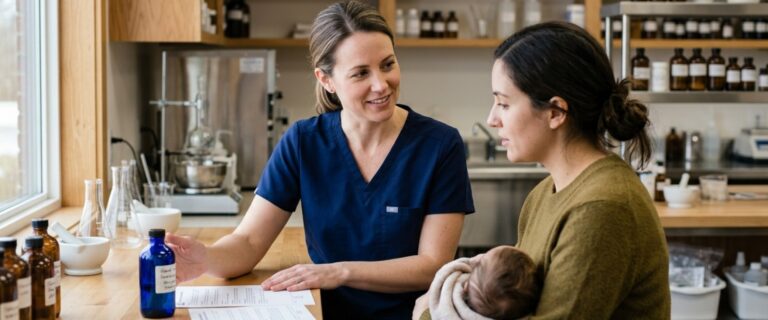 Pharmacist consulting with a parent about compounding chemist Campbelltown families use for ADHD medication needs
