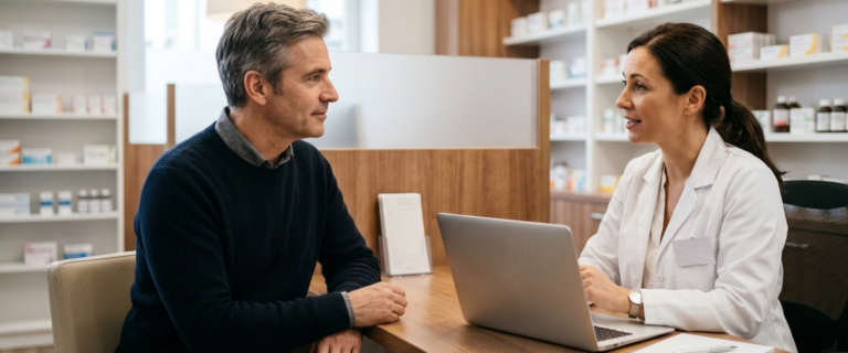 Man consulting a pharmacist at a compounding pharmacy Oran Park men visit for personalised hormone support