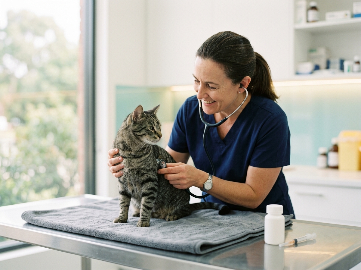 Veterinarian examining a relaxed cat during a consultation