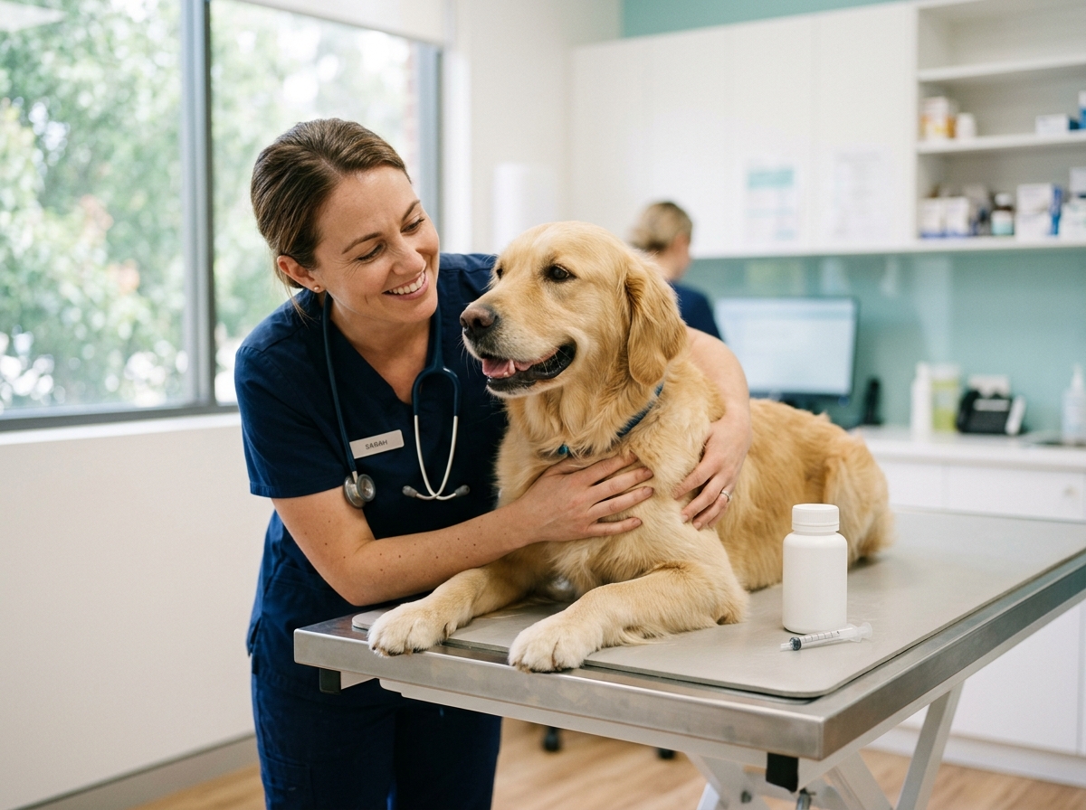 Veterinarian gently holding a calm dog during a consultation